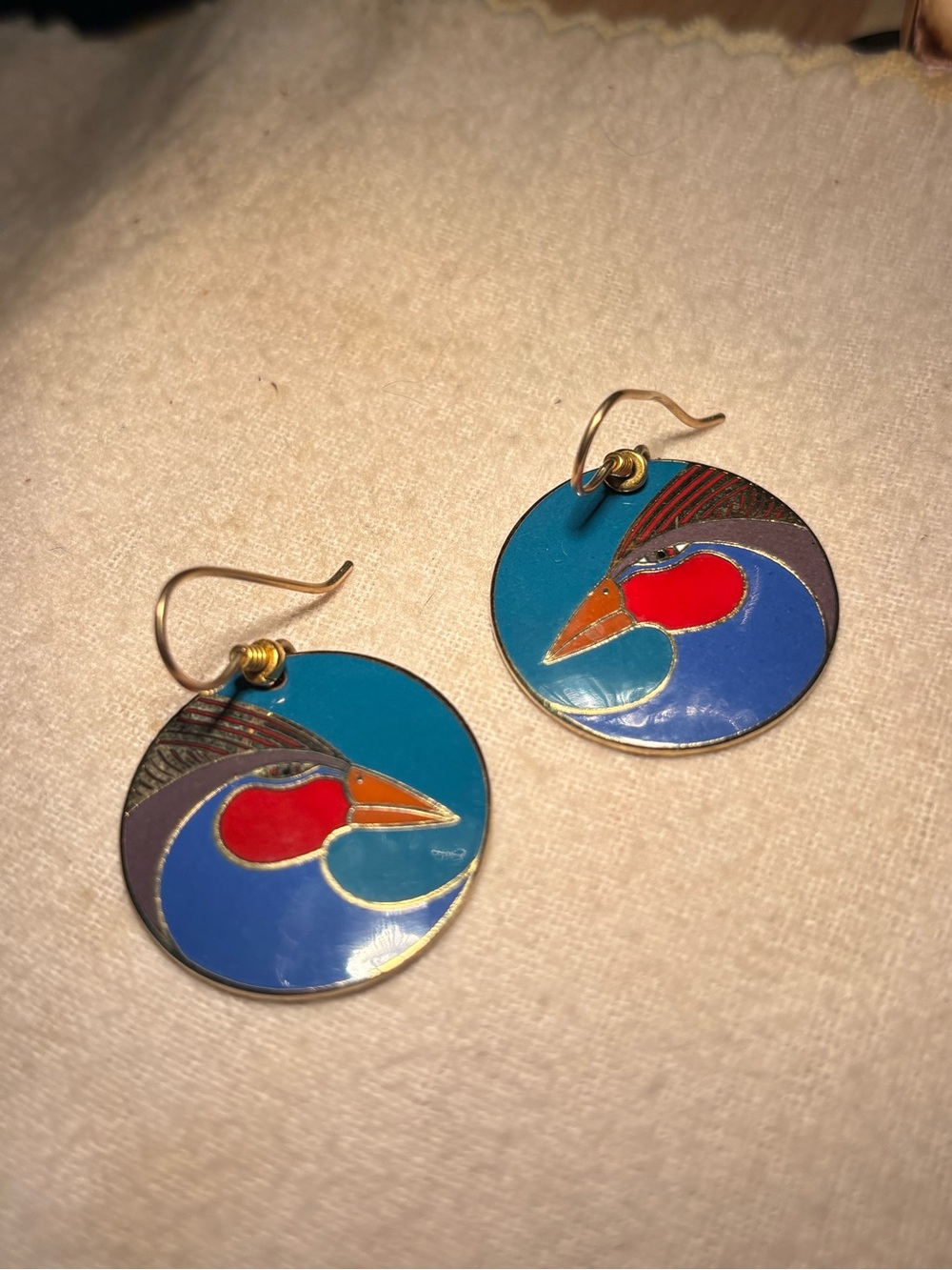 Vintage 80s Laurel Burch Marlequin Bird Gold Plated Teal Drop Earrings Eclectic